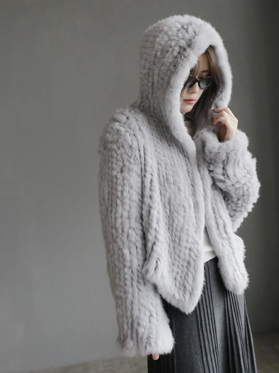 Long Sleeve Casual Loose Knitted Real Rabbit Fur Hooded Coat Women Genuine Natural Rabbit Fur Outwear Female Fur Jacket