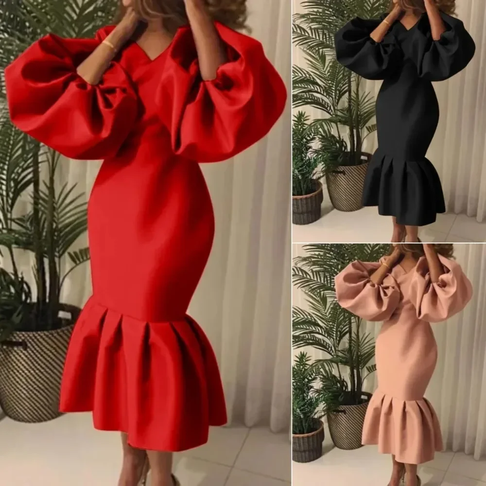 

Plus Size Casual Elegant Fashionable Women's Fashion Solid Color V-Neck Bubble Long Sleeved Fishtail Dress Party Evening Dress