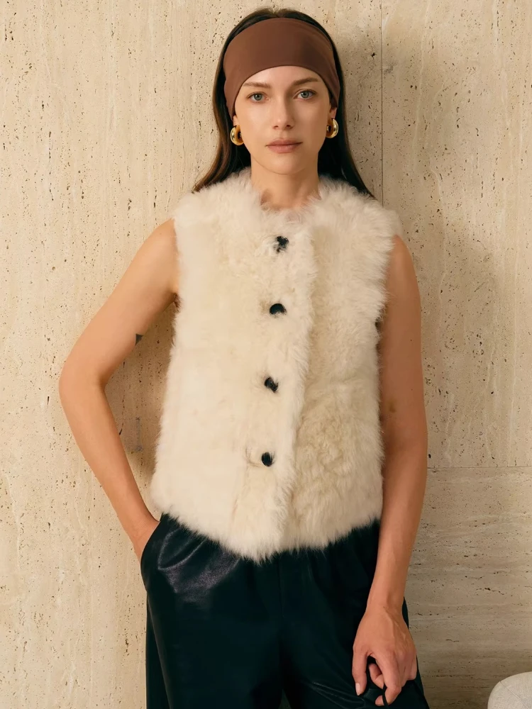 

High-end Luxury Toscana Lamb Fur Sleeveless Vest Jackets Women Simple Classic O-neck Short Winter Genuine Leather Real Fur Coat