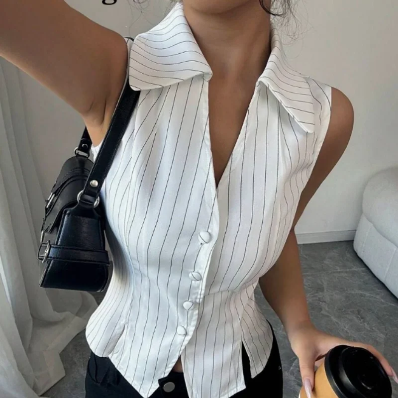 

Рубашки и блузки на пуговицах без рукавов в тонкую полоску, повседневная шикарная уличная одежда, облегающие топы с v-образным вырезом для женщин