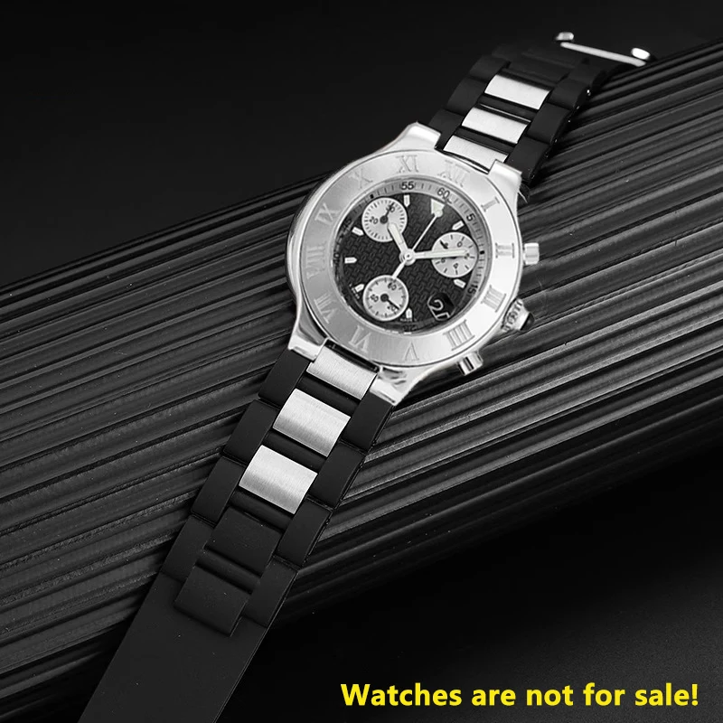 20mm x10mm Raised Black Replacement Silicone Rubber Watch Band For Cartier 21 Chronoscaph W10198U2 W10125U2 strap men bracelet