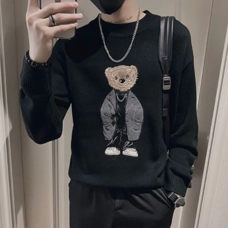 بلوفر تريكو برقبة دائرية بقصة ضيقة للرجال على الطراز الكوري، داخلي دافئ عصري لربيع الخريف والشتاء، طبقات عالية الجودة