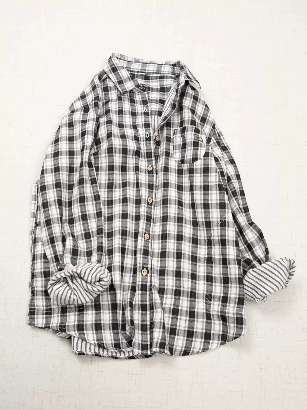 

102-108cm Bust Spring Autumn Women Loose Plaid Comfortable Breathable Soft Water Washed Double Layered Cotton Shirts/Blouses