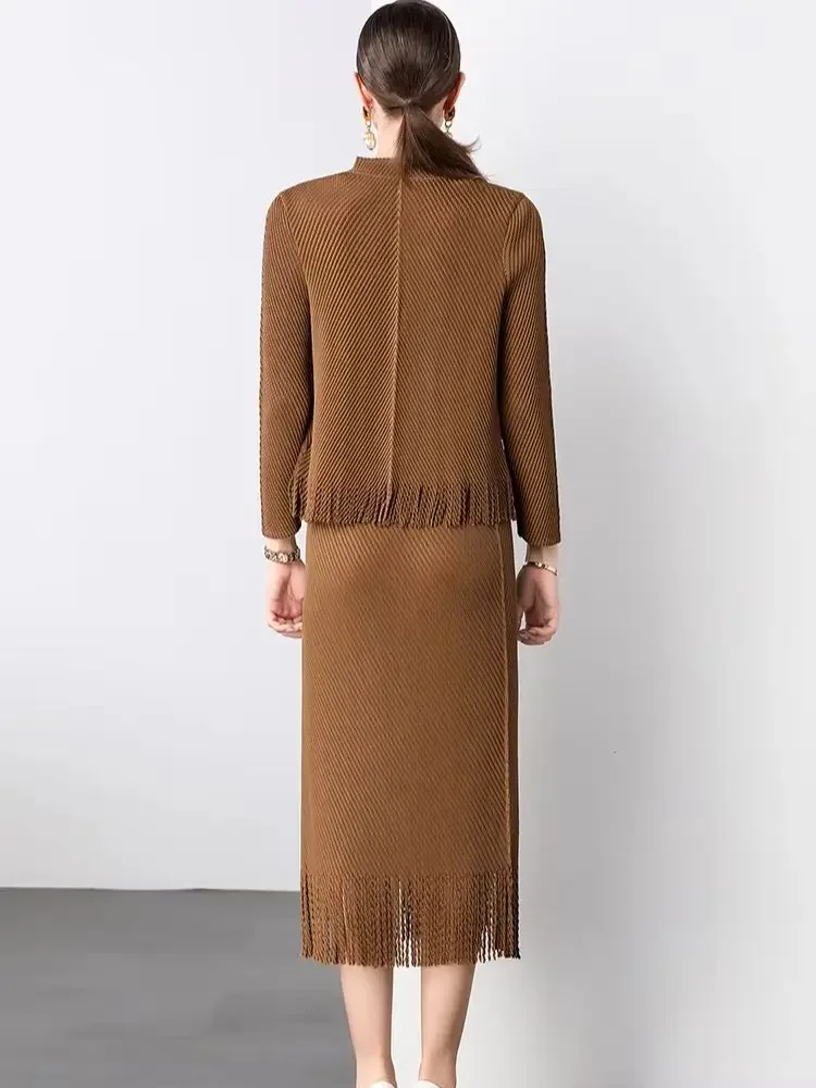 2025 Spring Vintage Tassels Miyake Pleated 2 Pieces Set Women Solid Office Stretch Blouse Top+Elastic Waist Midi Skirt Suit