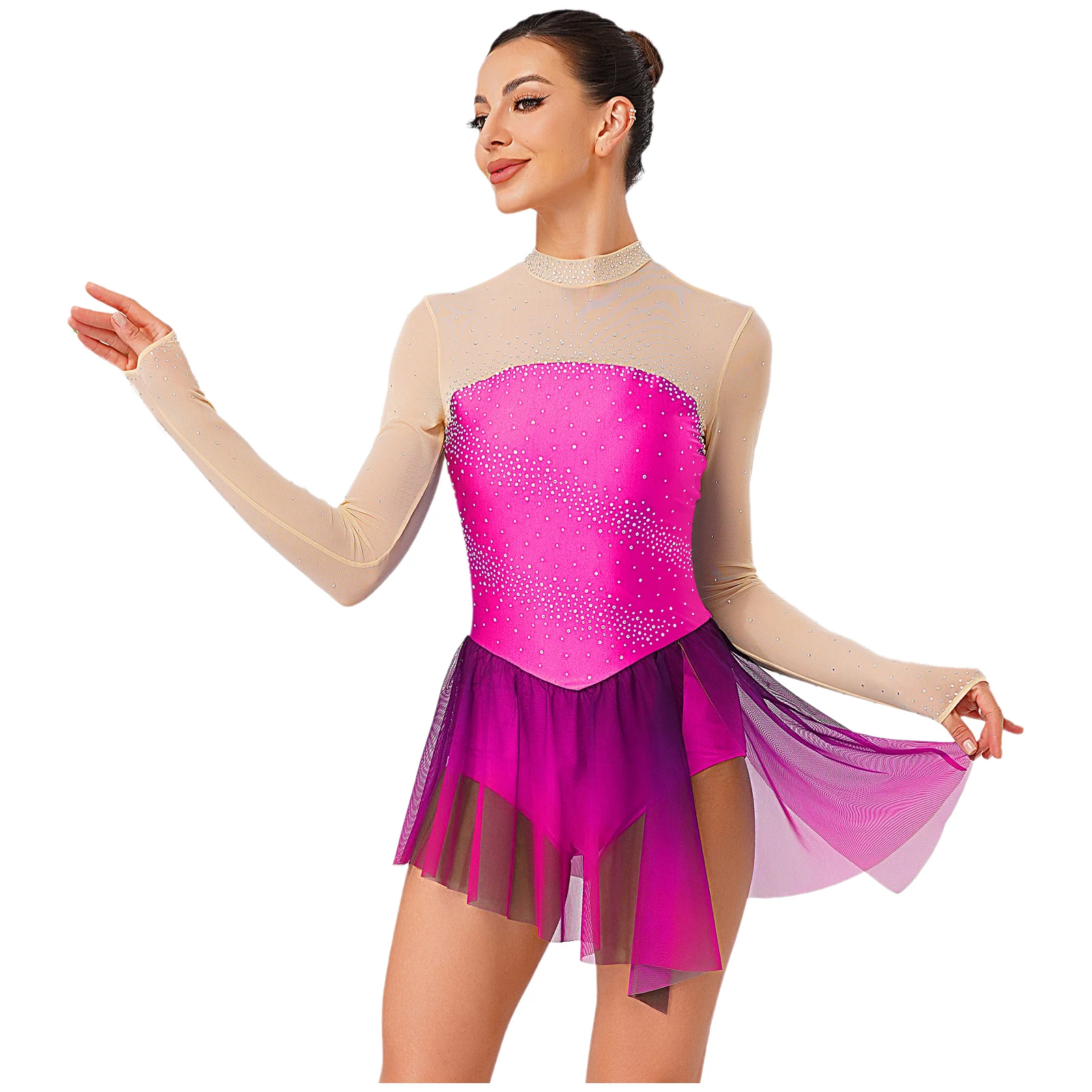 Vestidos de baile de patinaje artístico para gimnasia para mujer, Jersey de Ballet, vestidos de baile lírico, vestido de malla transparente con diamantes de imitación brillantes