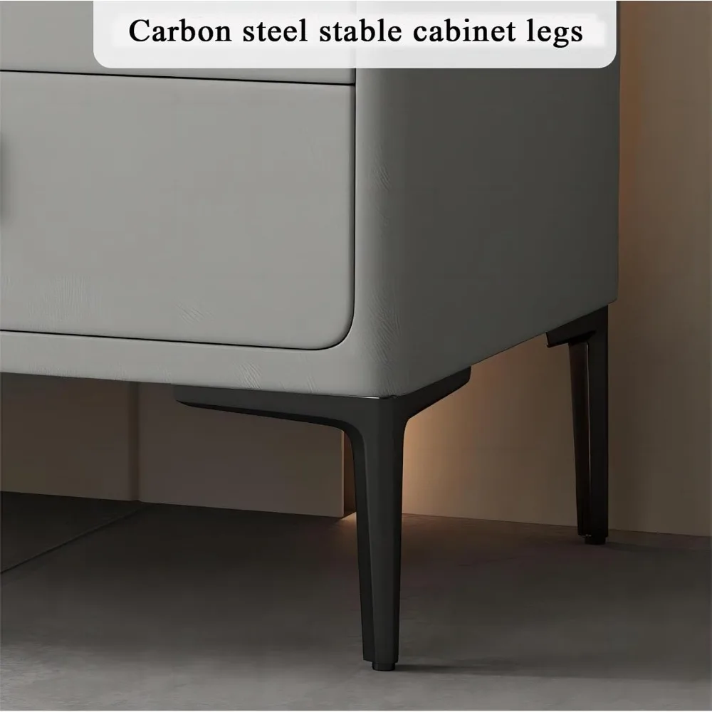 Elegante comodino a doppio cassetto con copertura in microfibra PU e supporti in acciaio inossidabile