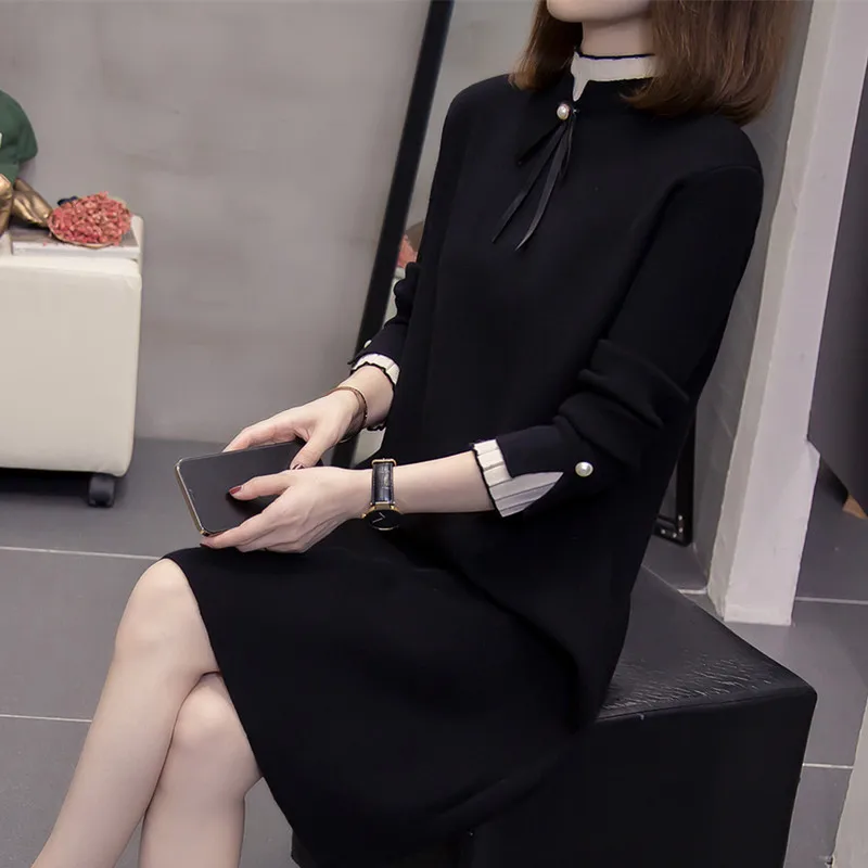 

Вязаное платье больших размеров для осени и зимы, с цветовыми блоками, базовый слой, миди-длина, для повседневной носки, с высоким воротником, длинными рукавами