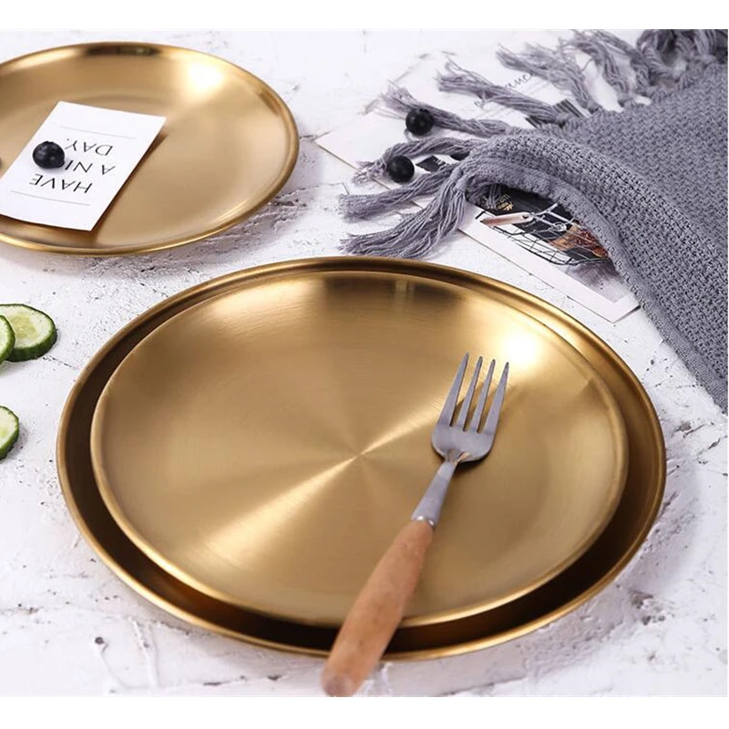 Dinner Plates European Style Gold Dessert Plate Kitchen Serving Dishes Salad Round Plate Cake Tray Western Steak Round Tray