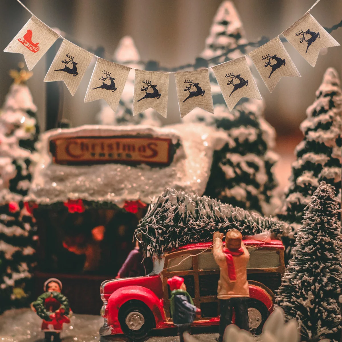 

2.8 Meters Christmas Reindeer Sleigh Pattern Burlap Garland Bunting Banner Tear Resistant Christmas Decorations Party