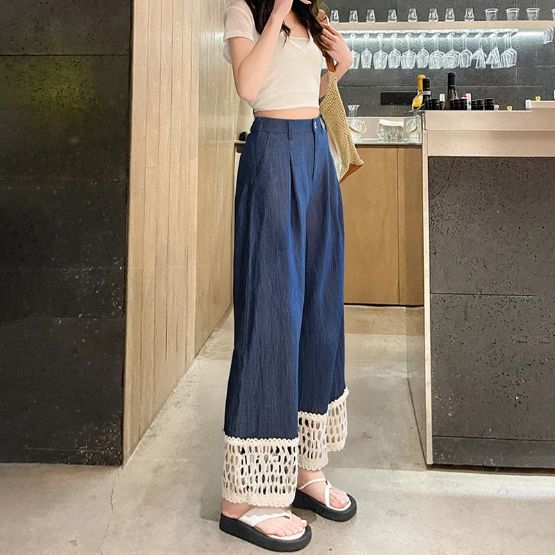 Dames zomer losse rechte broek met hoge taille en holle kanten stiksels ontwerp