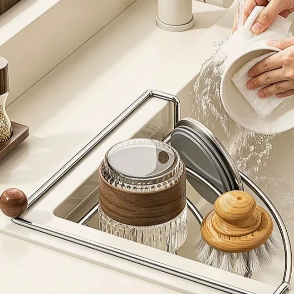 Stainless Steel Sink Drain Rack Thickened Structure No Drill Sponge Holder Triangle Shape Drainage Dish Cloth Holder Dish Drying