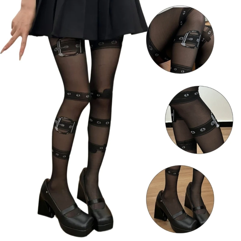 Women Faux Harness Leg Garter Print Pantyhose Faux Thigh Garter Belt Patterned Sheer Tights Nightclub Lingerie Leggings