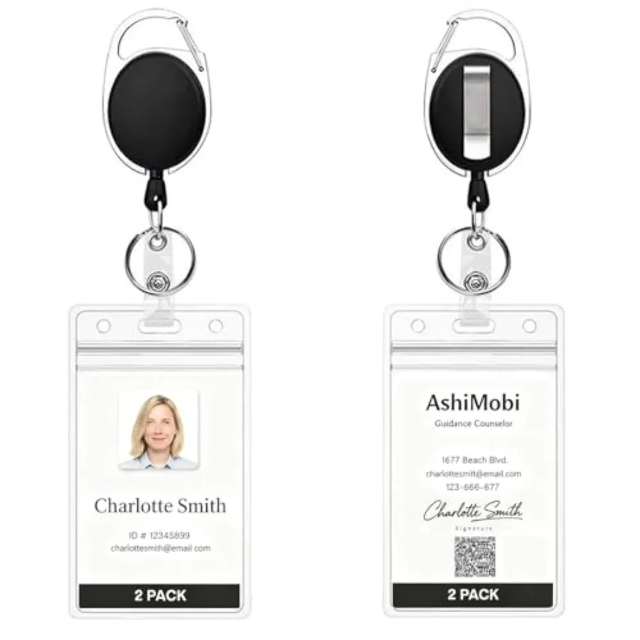 

Retractable ID Badge Holder Reel: 2 Pack Vertical Clear Card Cases with Metal Belt Clip Detachable Keychain 24" Pull Cord Heavy