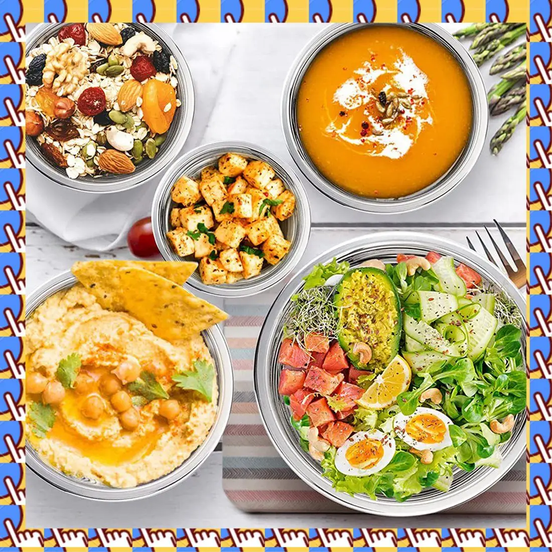 

A79I 5-компонентная миска для смешивания, салатница из нержавеющей стали, штабелируемая сервировочная миска с герметичными крышками для приготовления пищи на кухне, выпечки и т. д.