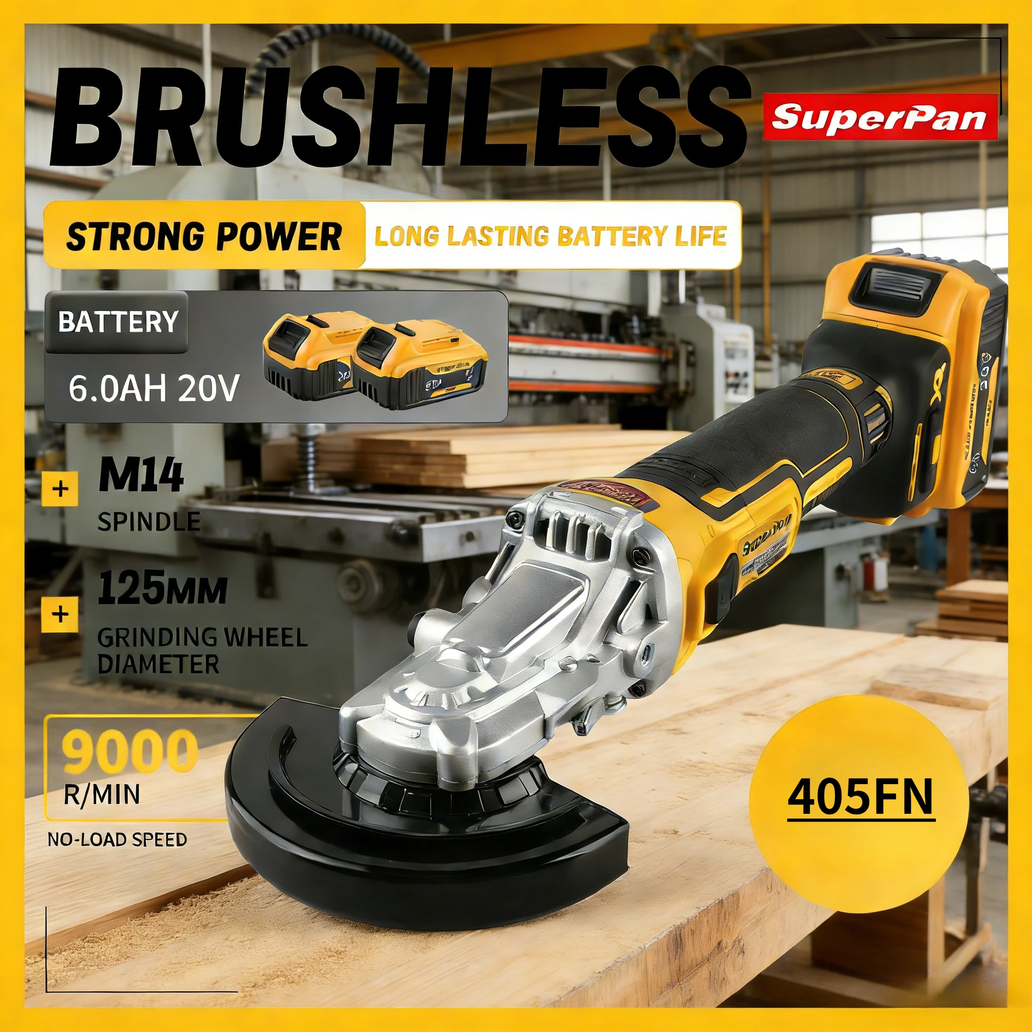 

SuperPan SP405 Brushless Angle Grinder 680W High Efficiency Heat Dissipation for DIY Metal Grinding for dewalt 20V battery pin