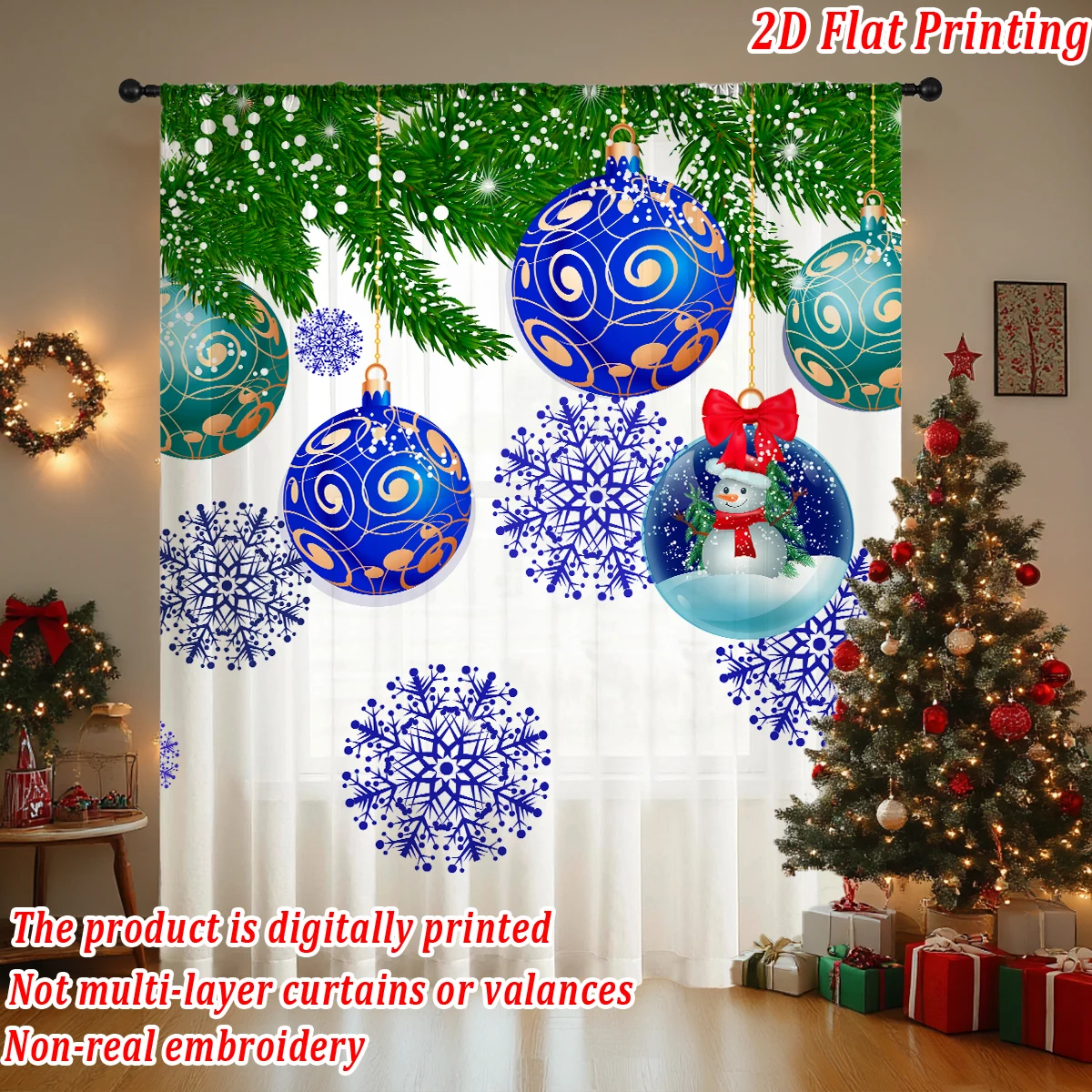 ستارة شفافة مطبوعة مسطحة لعيد الميلاد مع زخرفة رجل الثلج على شكل كرة عيد الميلاد لغرفة المعيشة وغرفة النوم وحفلات العطلات