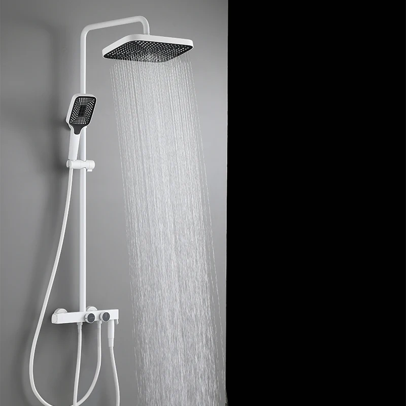 

Современный 4-функциональный набор смесителей для душа, белая латунь, двойные ручки, душевой набор для ванной комнаты, система квадратного дождя, термостатический душевой набор