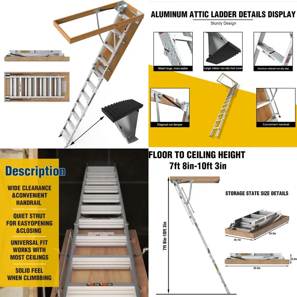 سلم ألومنيوم عالي 10 أقدام مع سجادات مضادة للانزلاق، 54 فتحة عالية × 22.5، نظام سحب للأسفل، سعة 350 رطلاً، تيار متردد عالي التحمل #1