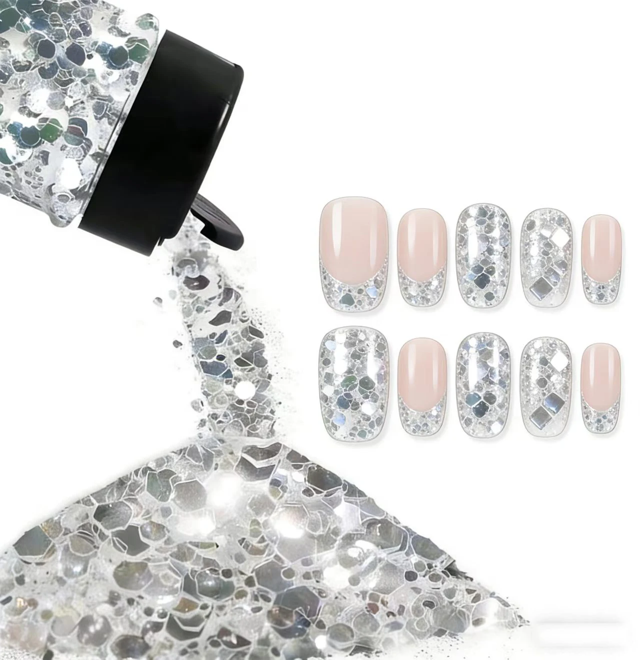 Holographic Mirror silver Chunky Glitter,  Nail Glitter, 1.76oz/50g Metallic PET Flake Mixed Fine Powder Iridescent  DIY Decor