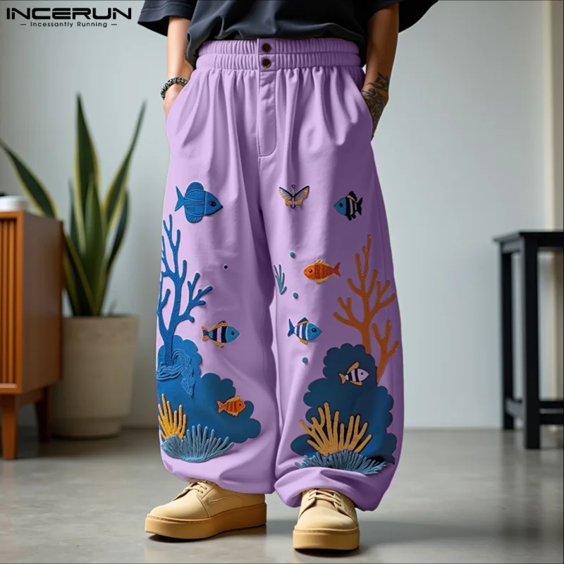 INCERUN Men's Pants Printing Elastic Waist Joggers Loose Casual Straight Trousers Men Streetwear 2025 Fashion Long Pants S-5XL