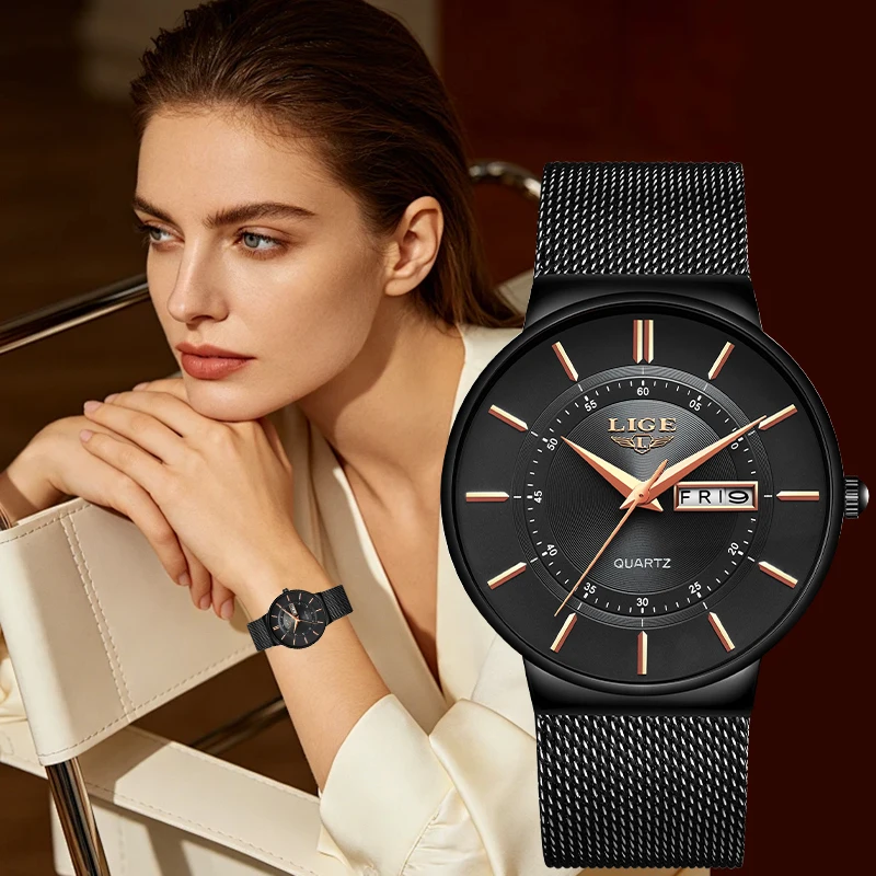 LIGE Fashion Outdoor Woman Watch Luxury Casual Sports Steel Mesh Belt Waterproof Auto Date Quartz Watches for Women Ladies Gifts