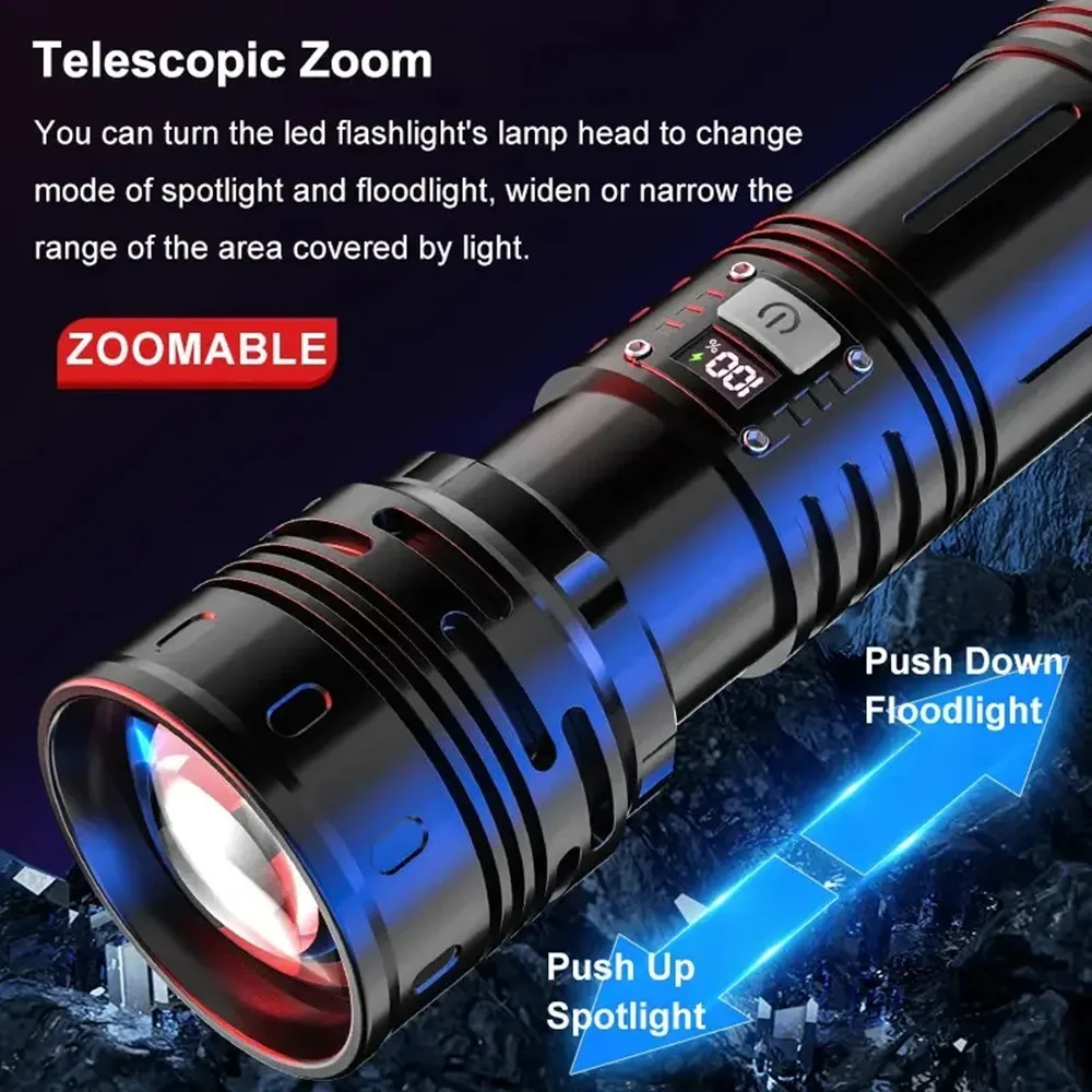 High Power LED Flashlight USB Rechargeable Tactical Torch Powerful Super Bright Lantern Zoom Aluminum Alloy Lamp 5 Modes Light