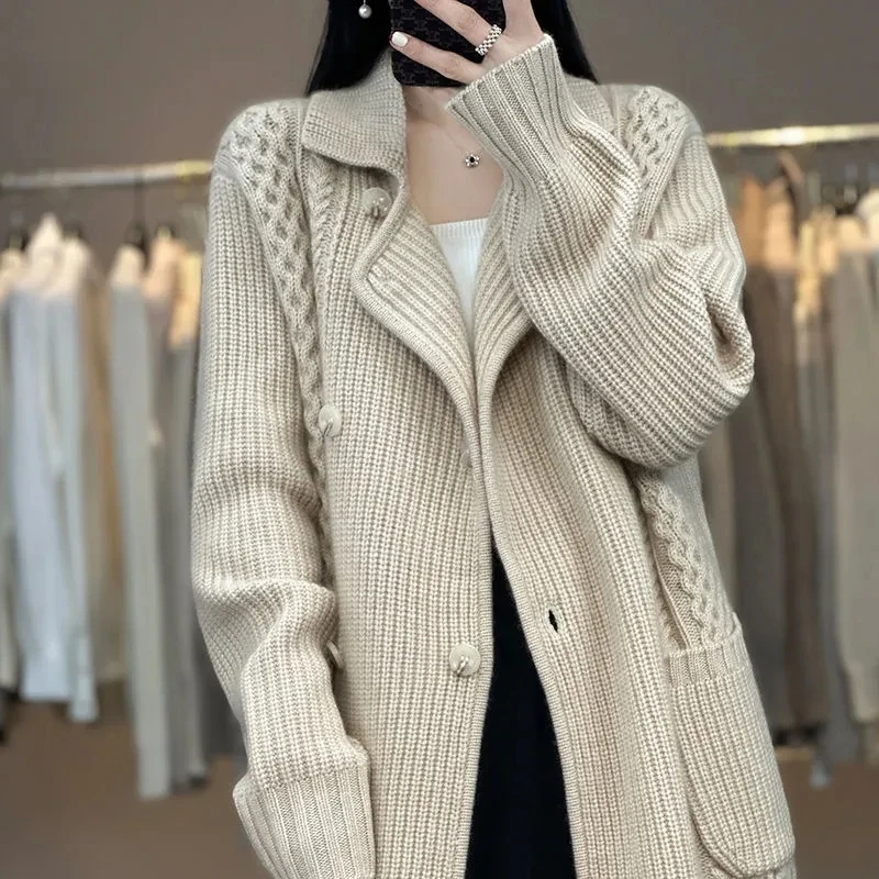 New Thicken Mid-Length Knitted Sweater Women Suit Collar Double Breasted Cardigans Casual Loose Chic Cardigan Sweater With Belt