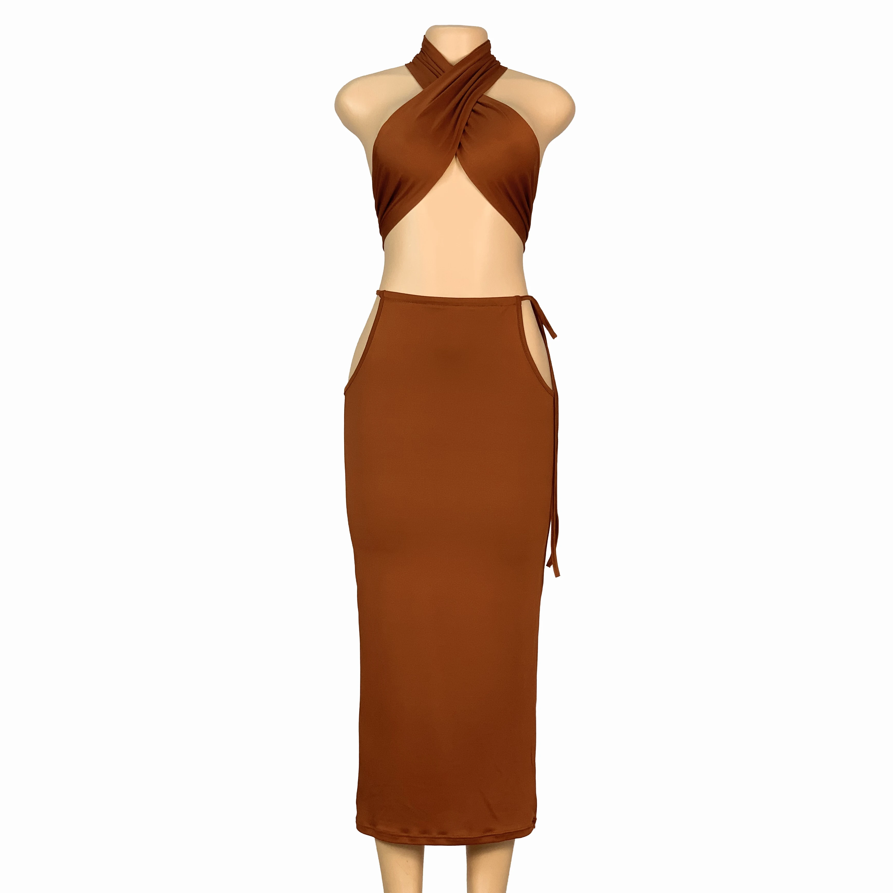 Women Halter Cutout 2 Piece Outfit, Crisscross Crop Top Side Cut Midi Skirt Set