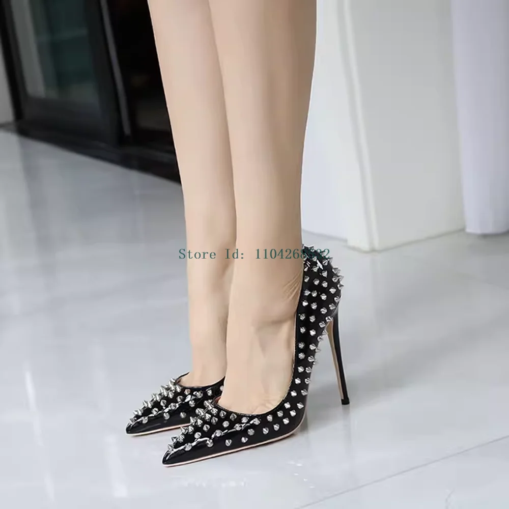 

Patent Leather Rivet Pumps Sexy Pointed Toe Stiletto Mixed Colors Slip On New Arrivals Fashion Women Runway Shoes