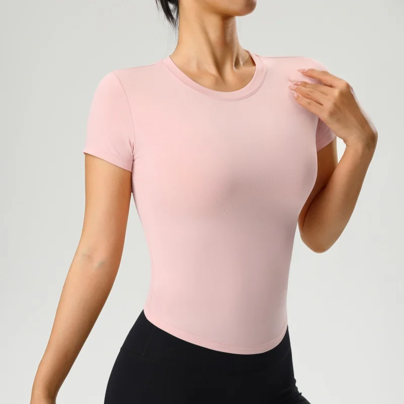 Simple Round Neck Curved Hem Slim Yoga Short-sleeved Breathable Quick-drying Fitness Running Pilates Sports Casual T-shirt