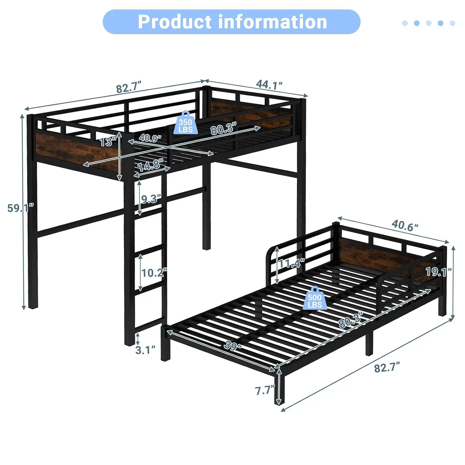 Twin XL Over Twin XL Metal Bunk Bed, Convertible Design, Black | Separates into Loft Bed & Platform Bed, Heavy Duty, Customized