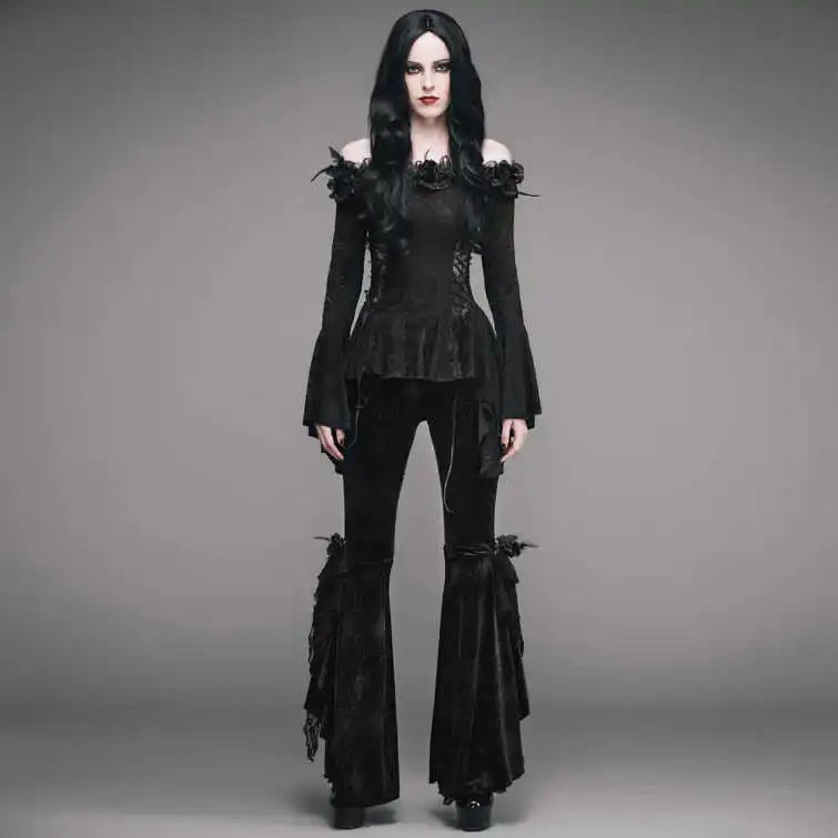 

EVA LADY Black Knitted T-shirt with Dark Pattern One-Shoulder Design Cool Style Long Sleeve Regular Length Nylon Fiber