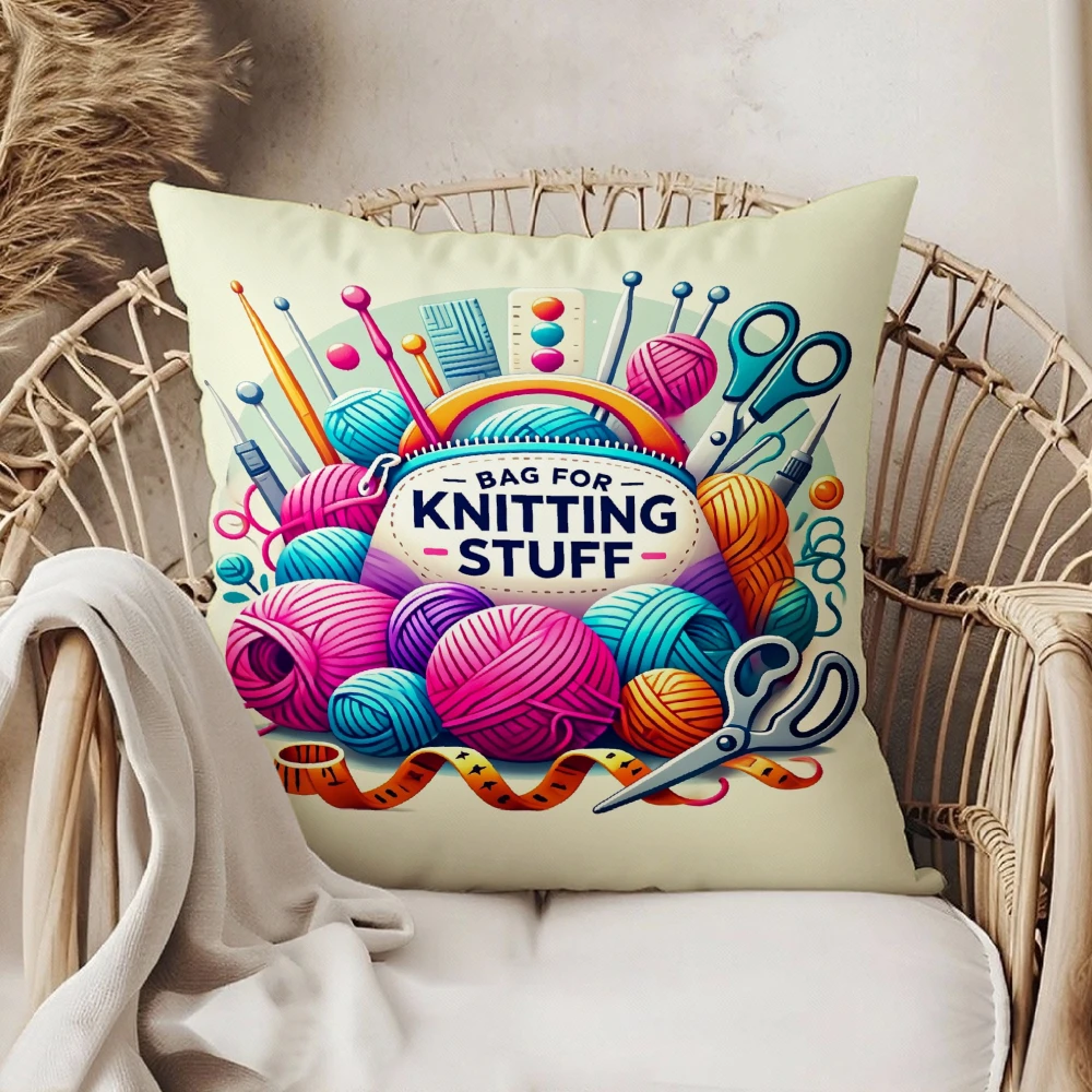 Decorative Throw Pillow Case Cream White Knitting Stuff Yarn Balls Scissors Needles Illustration For Living Room Sofa Bedroom Ho