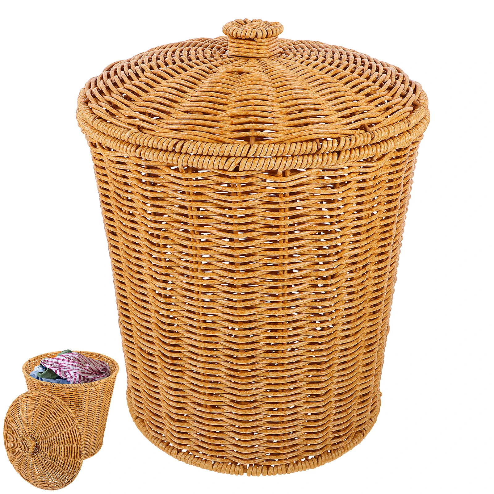 

Wicker Basket with Lid Trash Can Hamper Basketball Bedroom Storage Cover Clothes