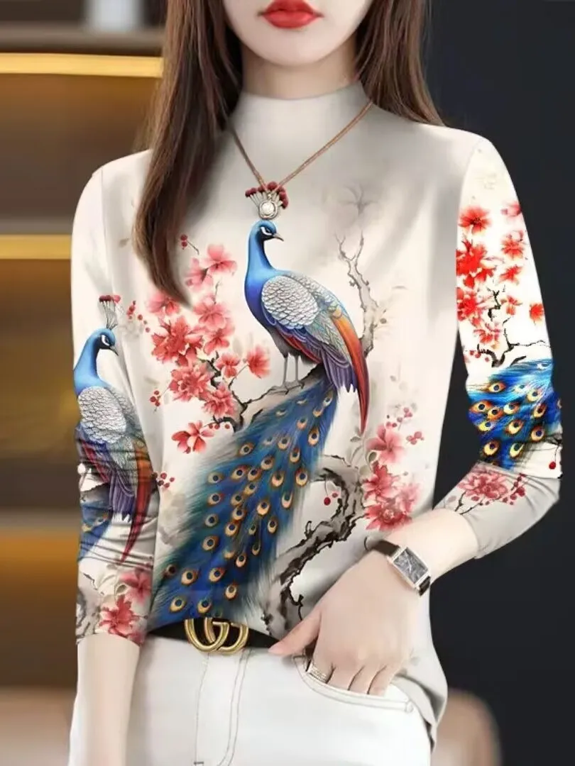 Spring 2026 Large Size Printed Long Sleeve Women's T-shirt Belly Covering Fashionable Commute Style Milk Fiber High Elasticity