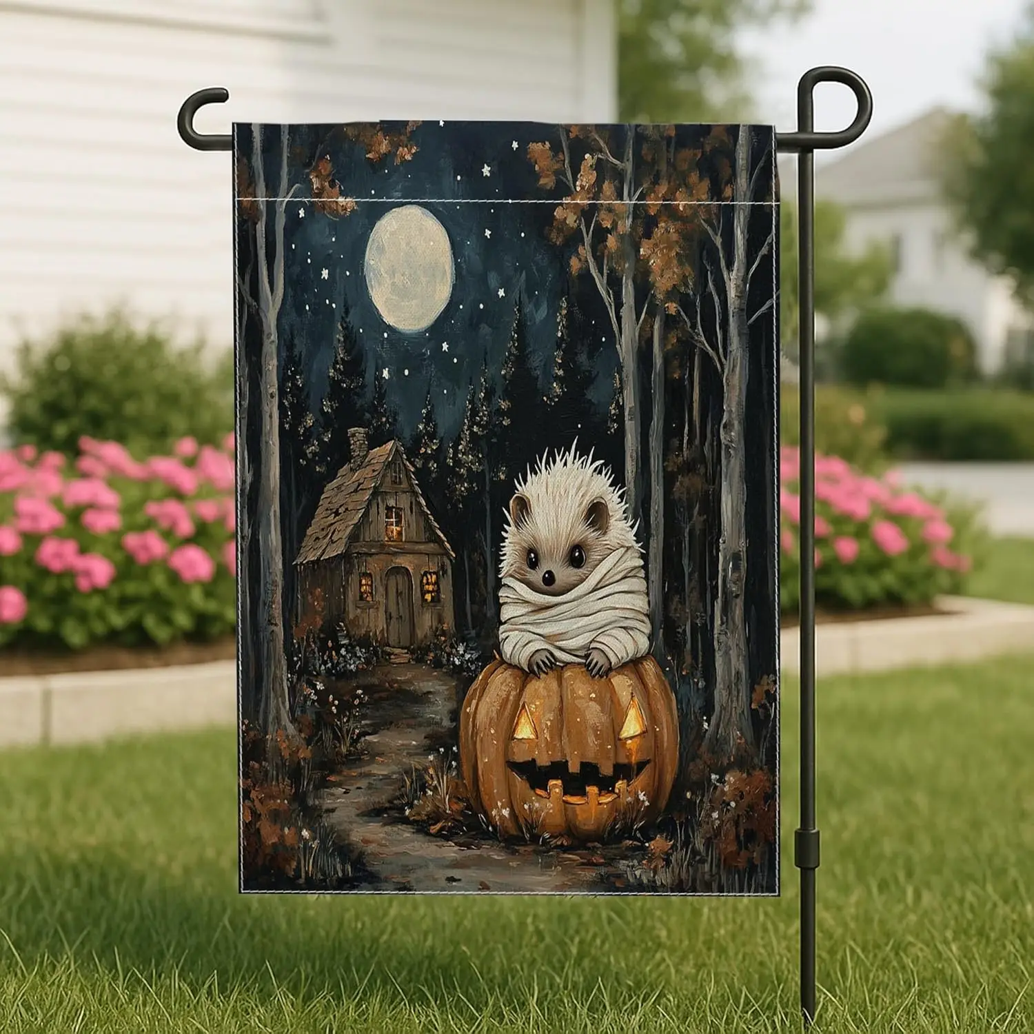 Halloween Hedgehog Front Yard Backyard Burlap Garden Flags 12x18 Double Sided for Outside, Funny Mummy Forest Small House Fl yyi