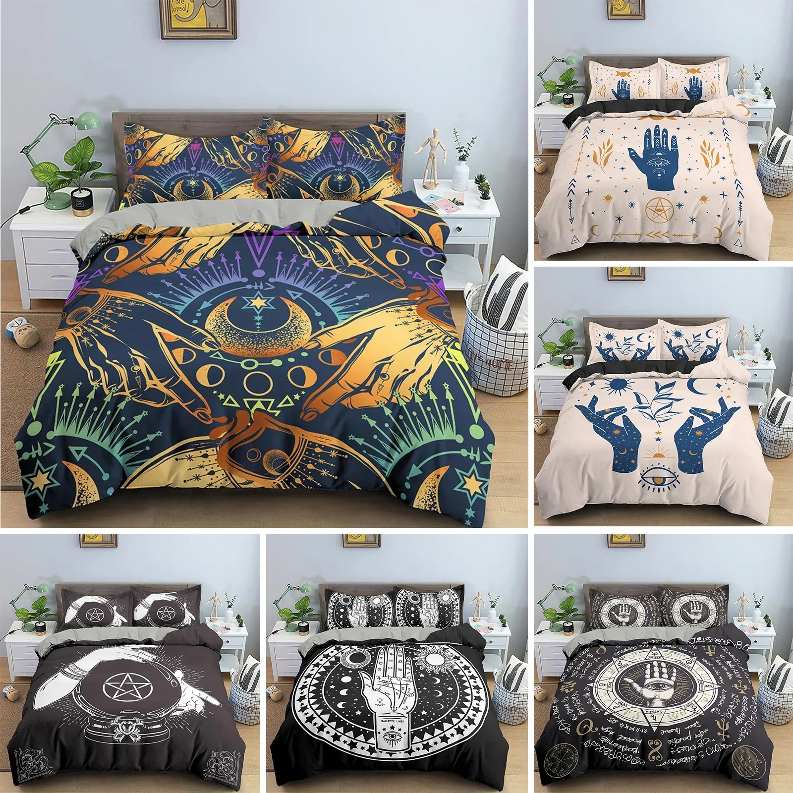 Sun Moon Bedding Set Mystical Lucky Hand Duvet Cover Full King Hamsa Eye Divination Seedlings Khaki 2/3PCS Polyester Quilt Cover