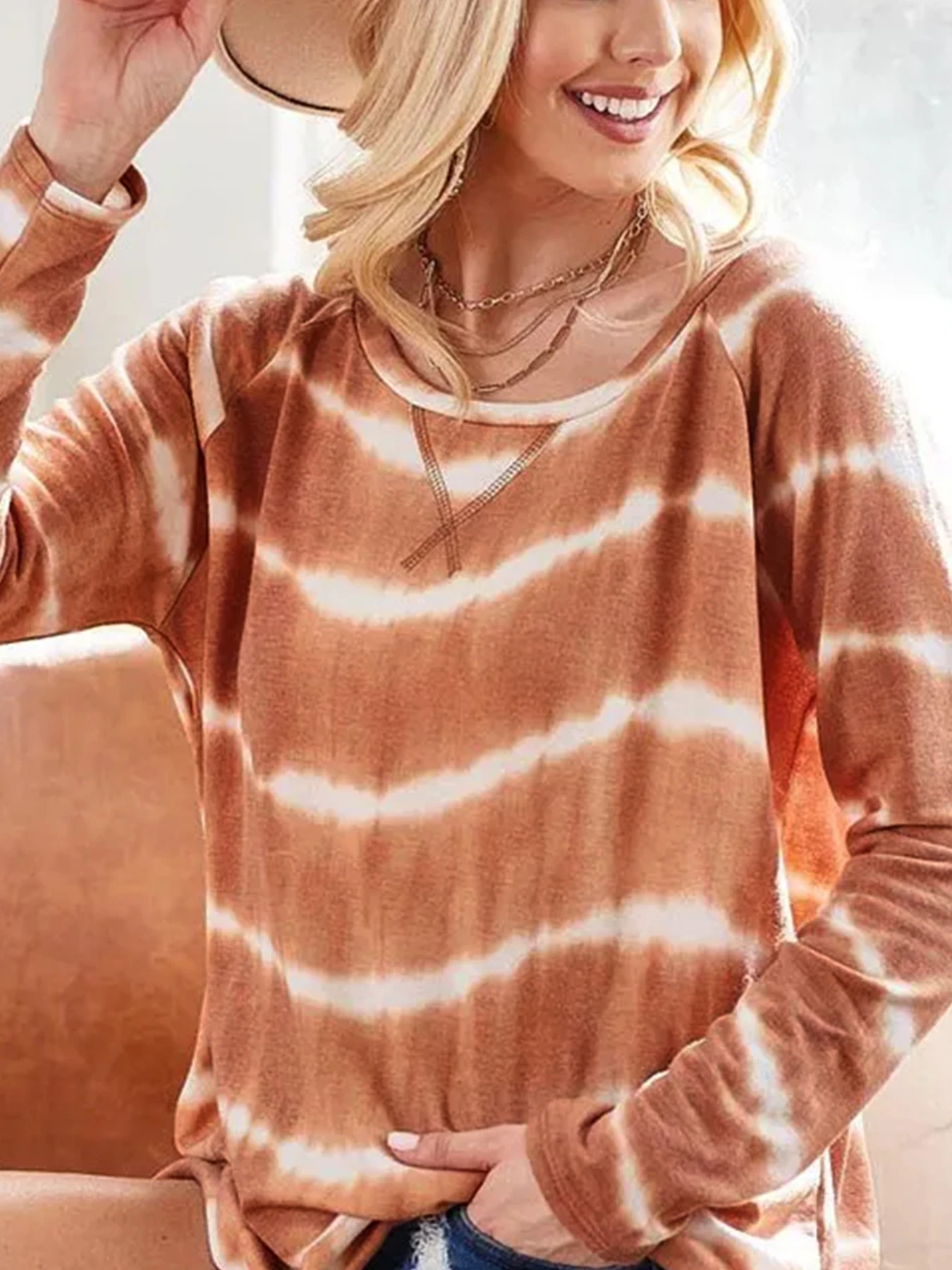 T-shirt da donna in spugna francese tie-dye taglie forti con spacco laterale manica lunga vestibilità ampia casual per tutte le stagioni