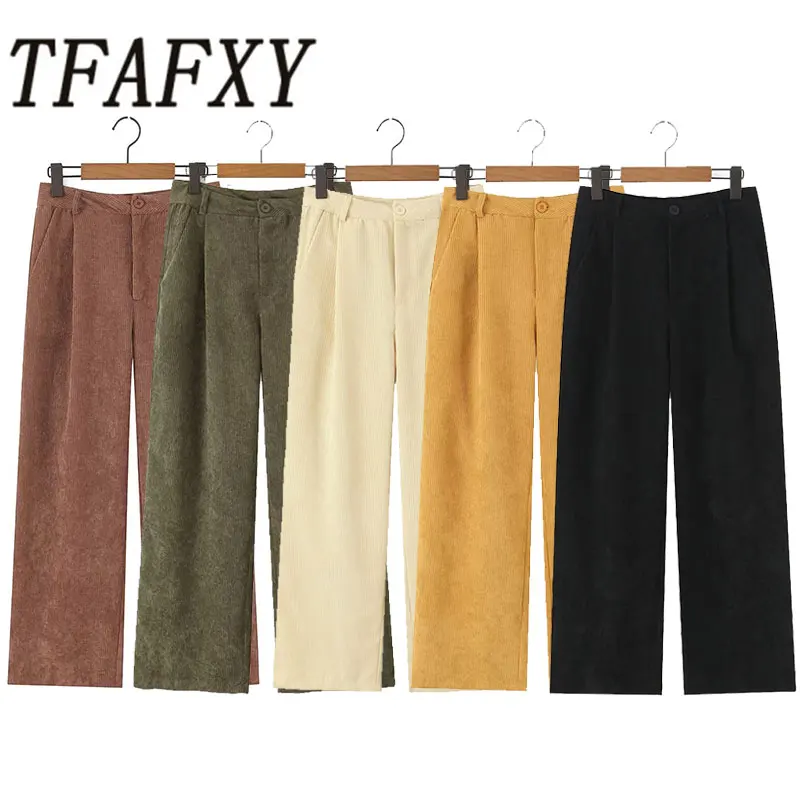 TFAFXY 2026 Spring Vintage Chic Office Lady Women Corduroy Pants Solid Zipper Long Loose Pants Fashion Holiday Pants