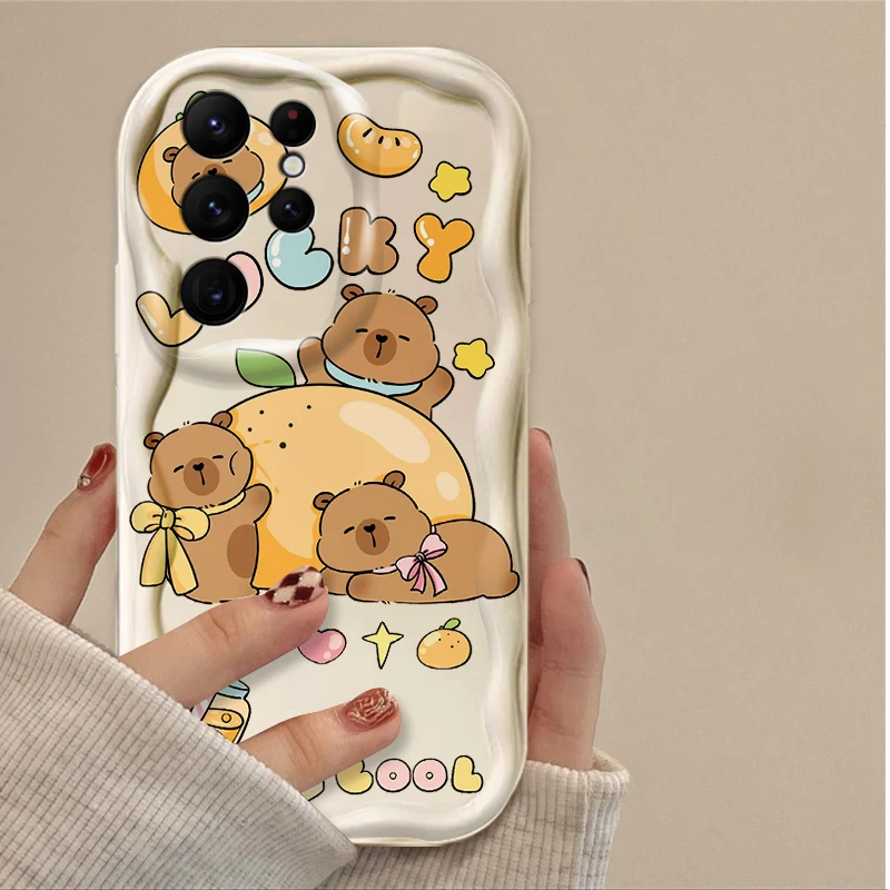 Cartoon Lovely Capybara 3D Wave Phone Case for Samsung Galaxy S25 S24 Ultra S23 S22 S21 S20 Plus FE A56 A36 A26 Shockproof Cover