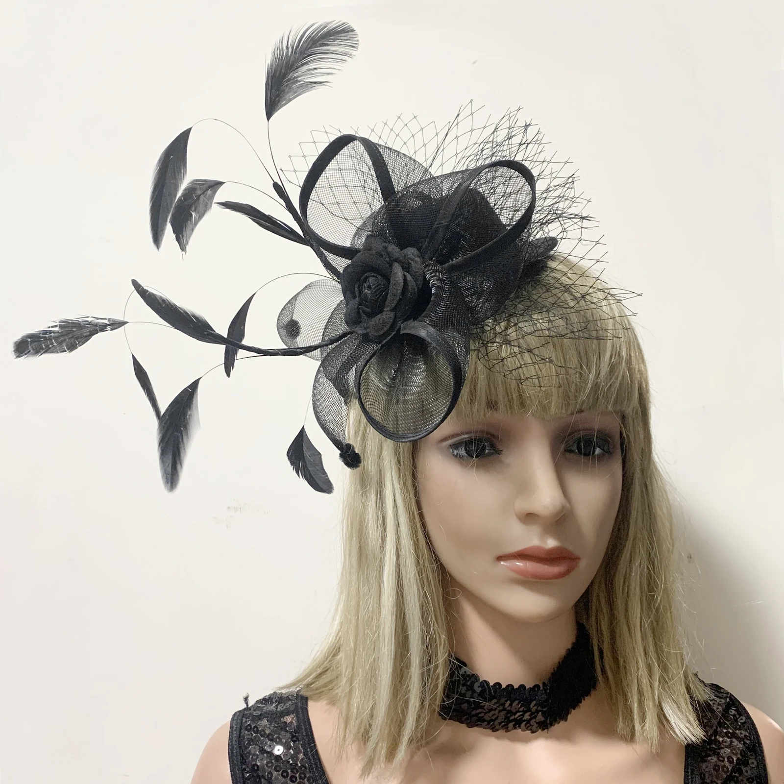 

Black Handmade Pillbox Hat Hair Clip Accessories Feather Rose Fascinators For Women Girl Tea Party Bridal Wedding Dress