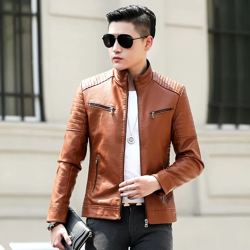 Jaket kulit motor Slim Fit pria, jaket kulit kasual ritsleting bermerek, jaket pengendara sepeda motor pria