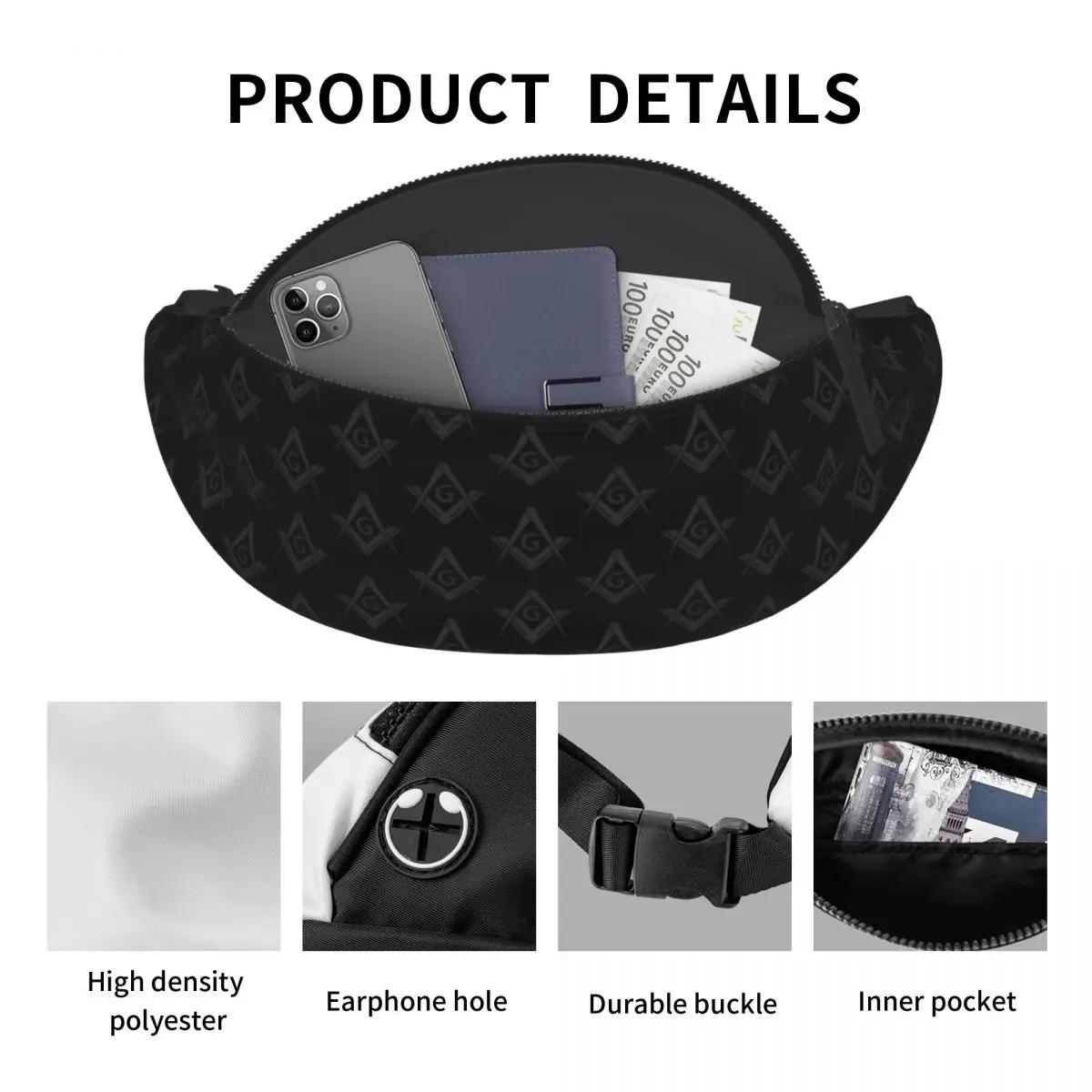 Masonic Freemason Pattern Fanny Pack for Men Women Cool Freemasonry Mason Crossbody Waist Bag Traveling Phone Money Pouch