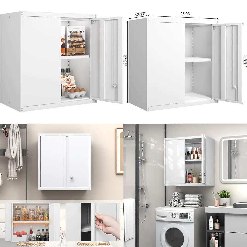 

White Metal Wall-Mounted Cabinet with Doors, Adjustable Shelf, and Lock for Garage, Pantry, Utility Room Storage