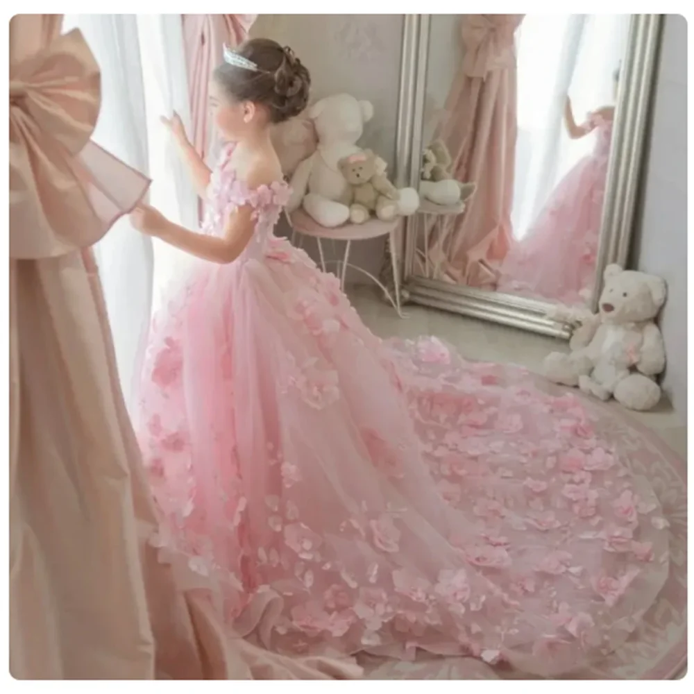 Vestidos de flores de tul de lujo para niña, trajes de boda, cumpleaños, banquete, Princesa, comunión, color rosa