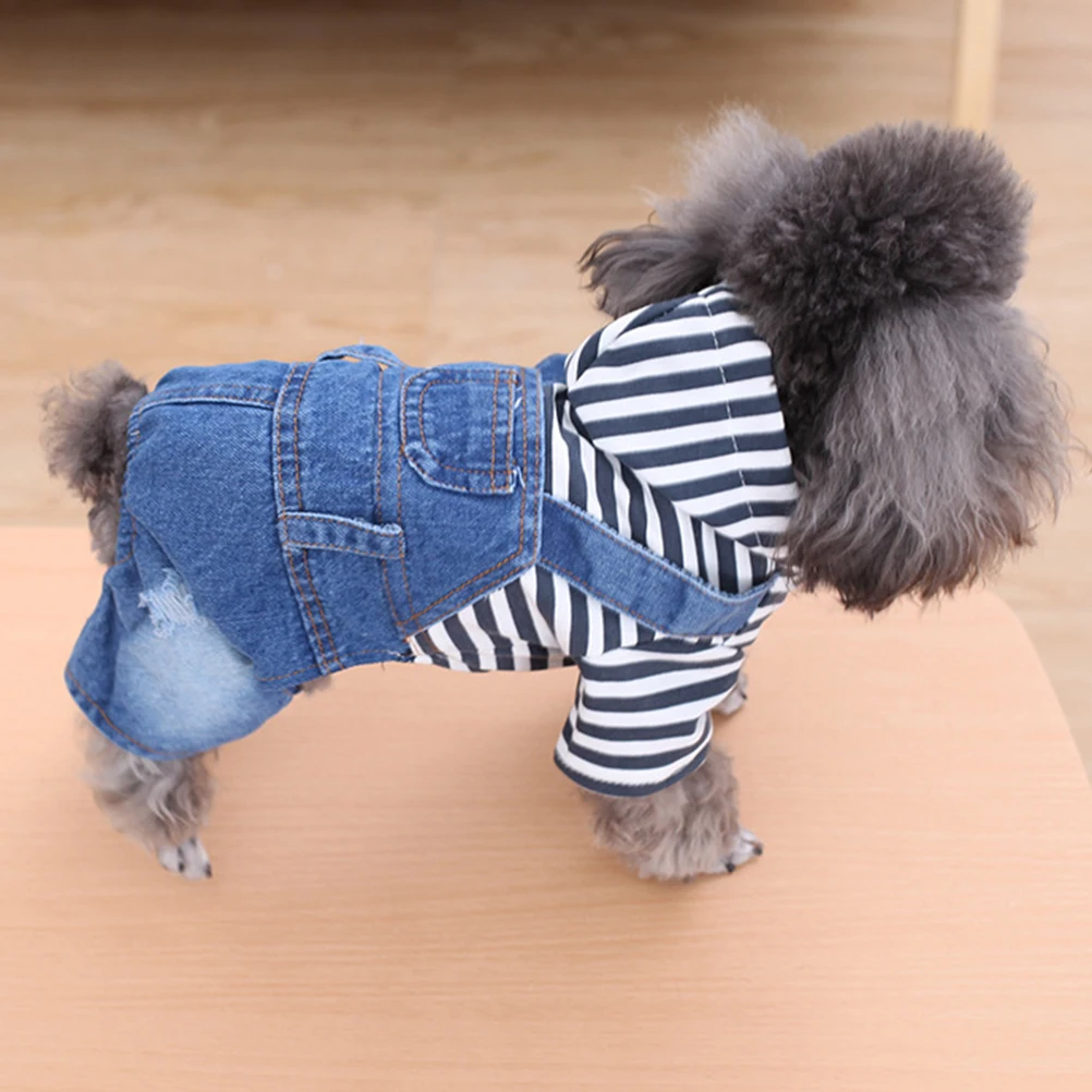 

Striped Denim Four Legged Pet Dog Jumpsuit Suspenders Clothes Size S Warm Attractive Sleep Wear Stripped Pet Clothes