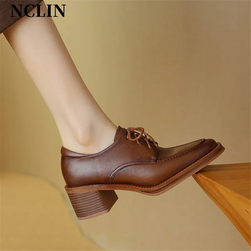 

New Spring Cow Leather Loafers Woman Shoes Chunky Heels Pointed Toe High Heels Shoes For Women Casual Women Pumps Zaptos Mujer