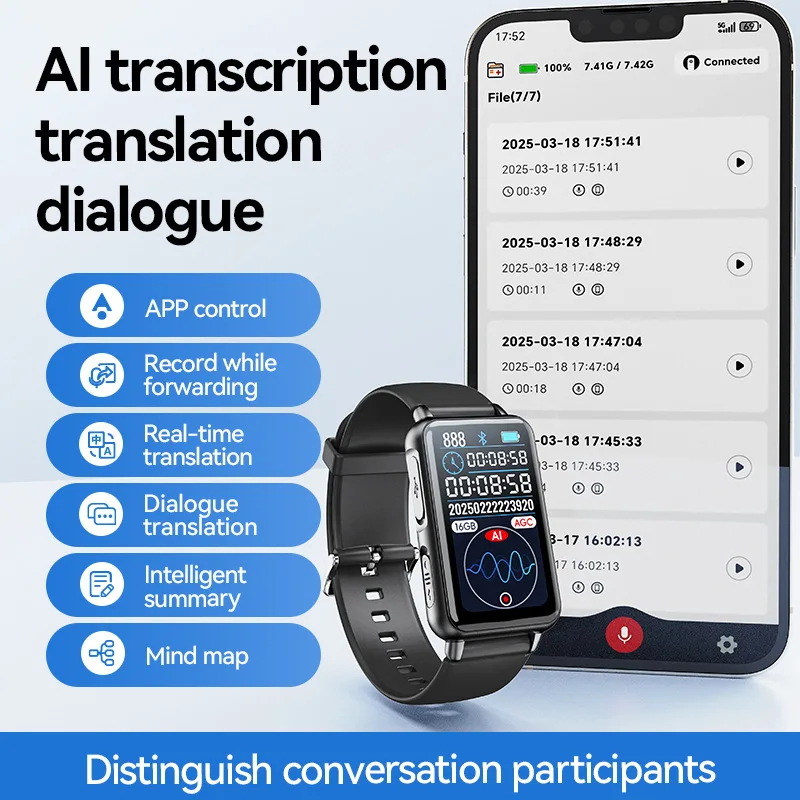 S18A مسجل صوت ذكي محمول AI ذكي في الوقت الحقيقي نسخ ترجمة محادثة تسجيل سوار ساعة #1