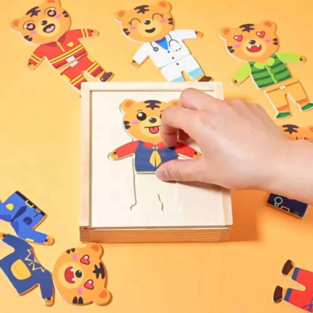 Material de madera rompecabezas de madera diseño de dibujos animados función educativa dibujos animados cambio de ropa juego Tigre
