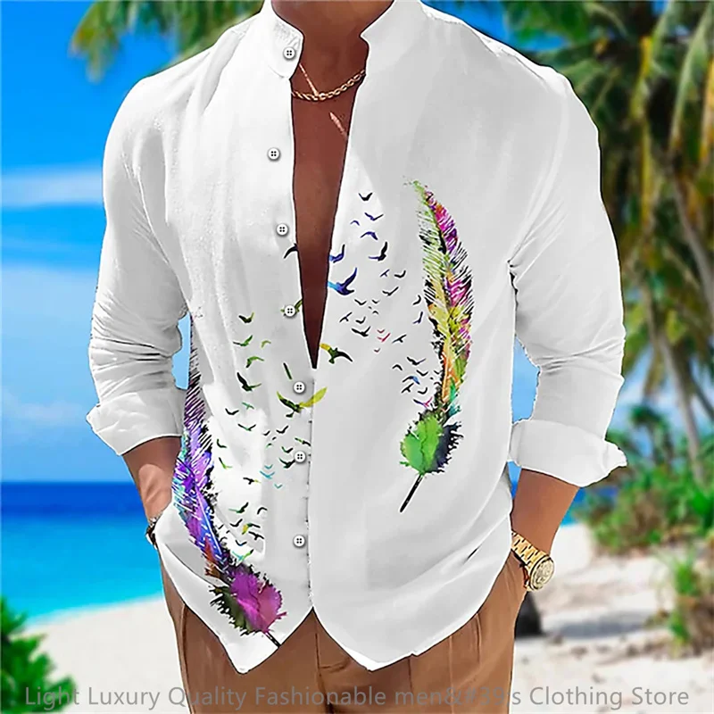 

New men's shirt long-sleeved shirt 3D printing flower pattern long-sleeved standing clothing fashion casual